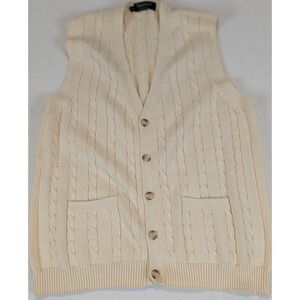 VTG Greenwich Mens Cable Knit V Neck Button Front Vest Cream Sz M Grandpa Core